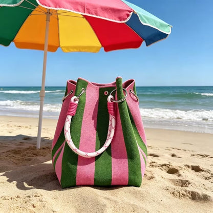 🏆👜 Limited-Time Sale: ￡7.99 🌴Striped Knit Bucket Handbag for Women – Handmade Summer Beach Shoulder Bag