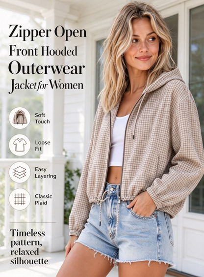 🎁2026 New Arrivals💥Last Day Sale 50% Off🧥Women’s Vintage Check Hooded Cropped Jacket | Full Zip, Drawstring Hem, Loose Drop Shoulder Casual Outerwear for Autumn & Winter-Q