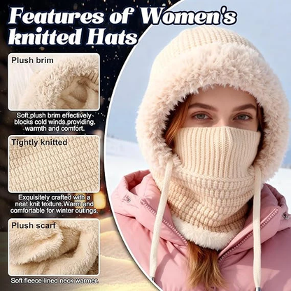🎉🎁70% OFF!!!-Ready for Winter!!!❄️✨Women 3-in-1 Knitted Balaclava Hat, Fleece Lined Warm Hood Beanie with Scarf & Face Mask, Pom Pom Winter Hat for Outdoor Skiing🧣