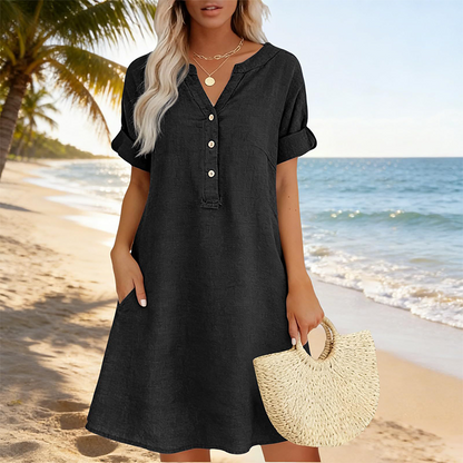 🎉✨HOT SALE🏝️👗Women's V-Neck Tunic Dress – Relaxed Fit, Pockets & Breathable