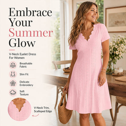 💖LAST DAY SALE ONLY ￡12.99!! 👗Top Pick - V-Neck Eyelet Dress with Scallop Trim – Lightweight & Romantic for Garden Parties or Brunch 🌿