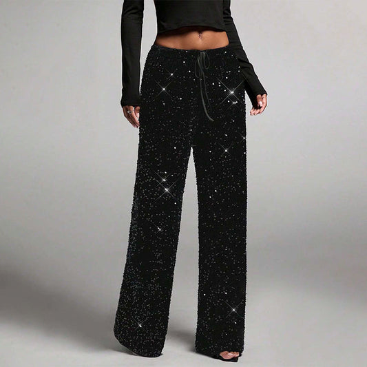 🛍️🍂LAST DAY SALE 70% OFF👍✨Women's Glitter Fashion Adjustable Drawstring Slimming Elastic Waist Straight-Leg Pants-Q