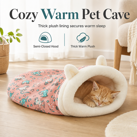 🐱🛏️Semi-Enclosed Hooded Pet Sleeping Bag Cave Bed | Draft-Blocking, Cozy Indoor Winter Rest Spot📦-B