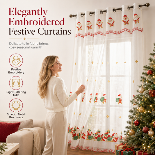 🎅Ready for Christmas!🌟 Shopping Frenzy: Entire Store 50% OFF!💖Christmas Embroidered Sheer Window Curtain Panel with Snowflake and Bell Patterns