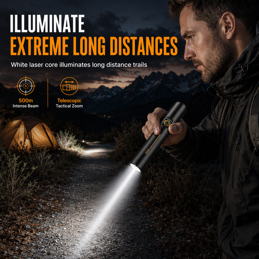 Super Bright Rechargeable White Laser Flashlight High Power Long Range Portable Torch for Outdoor Hiking and Patrolling